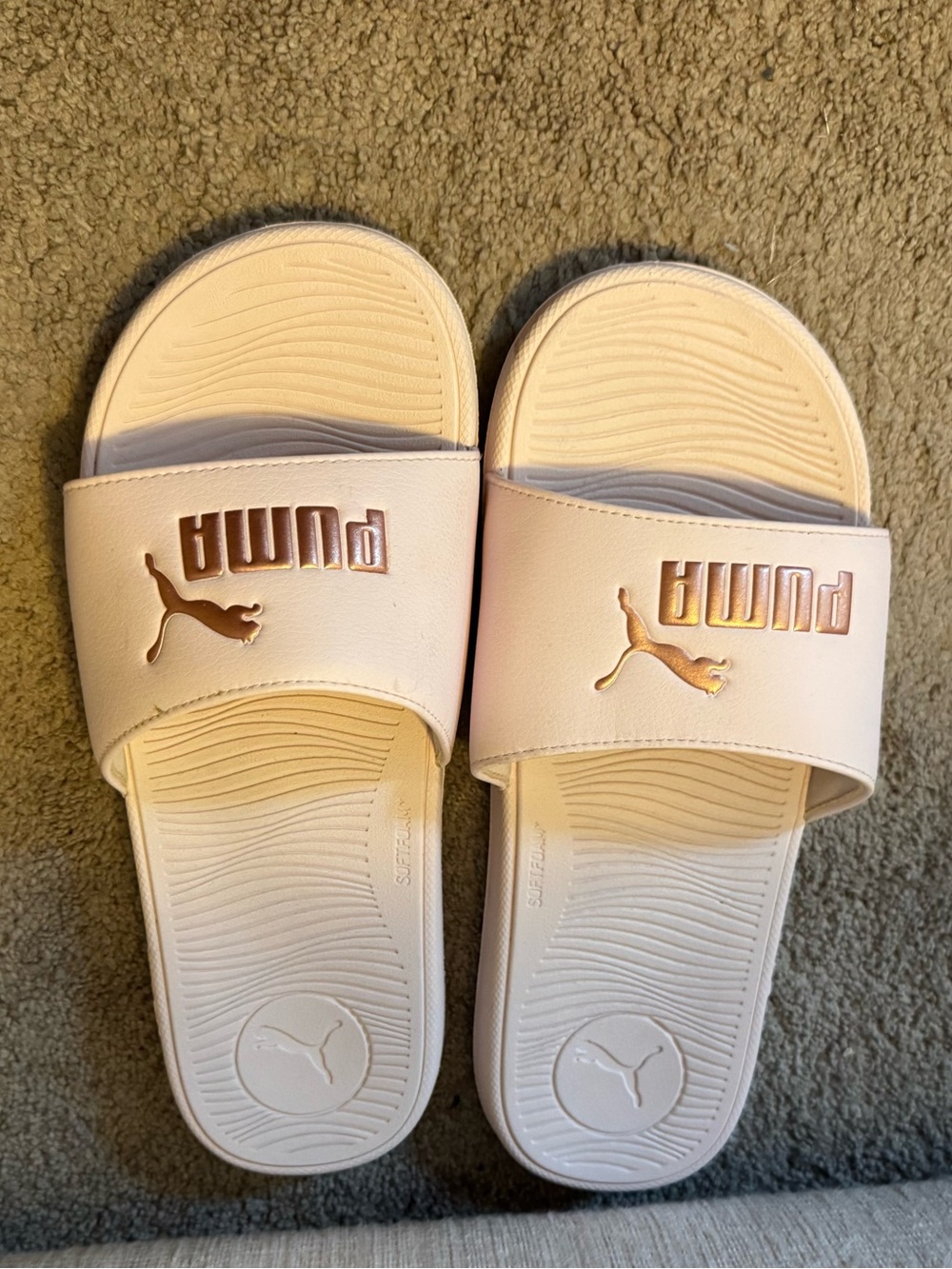 Puma Light Pink Slides with Rose Gold Logo